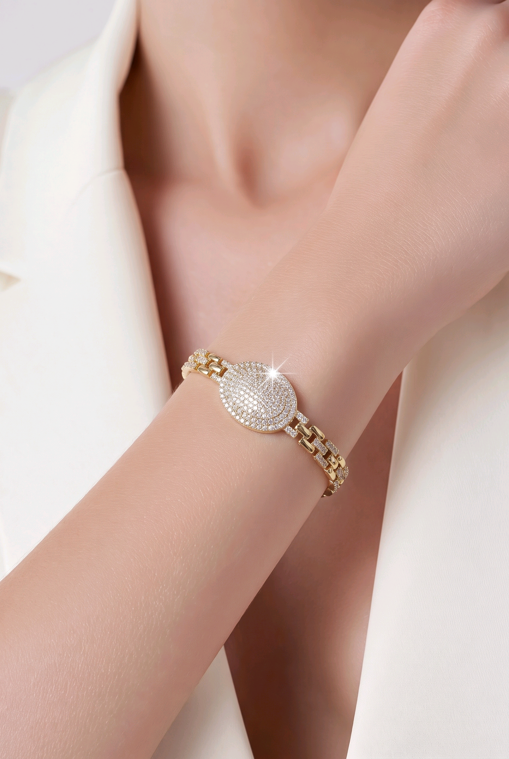 Gold Plated Oval Pave Zirconia Bracelet Rhodium Adjust