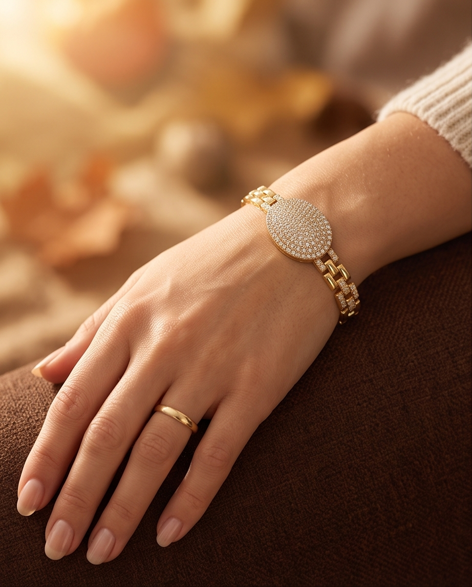 Gold Plated Oval Pave Zirconia Bracelet Rhodium Adjust