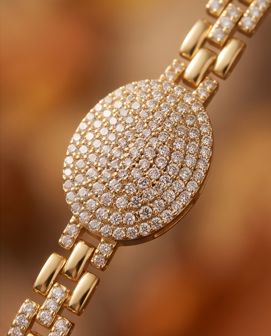 Gold Plated Oval Pave Zirconia Bracelet Rhodium Adjust
