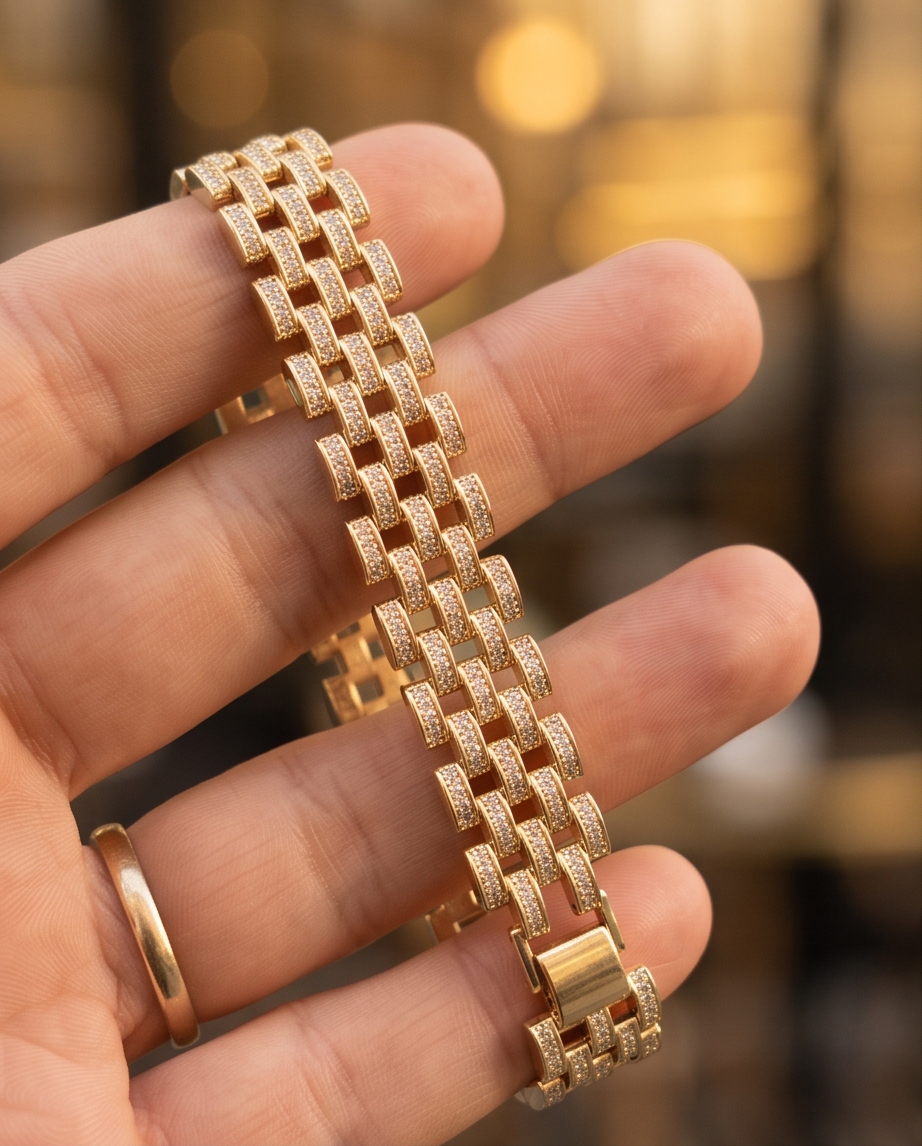 Gold Plated Panther Link Zirconia Bracelet Rhodium Adjust