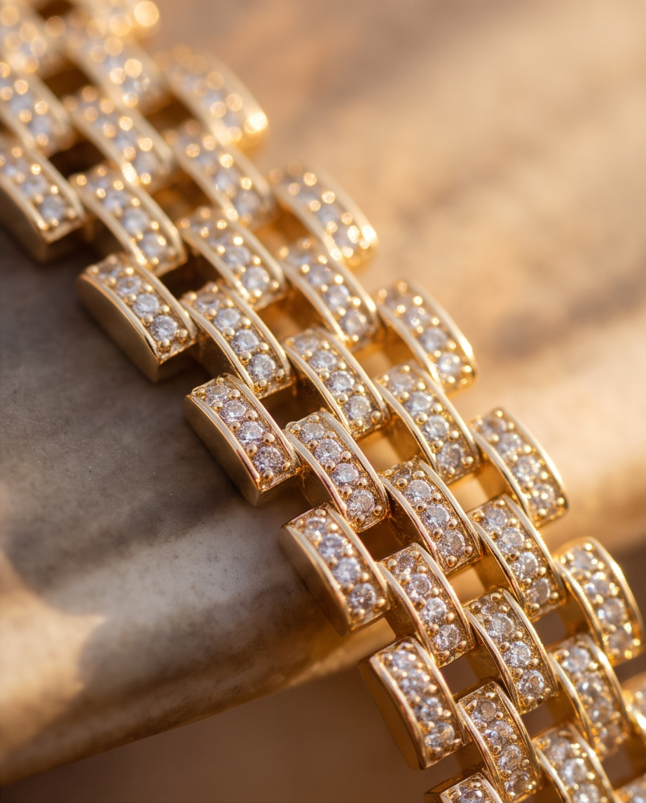 Gold Plated Panther Link Zirconia Bracelet Rhodium Adjust
