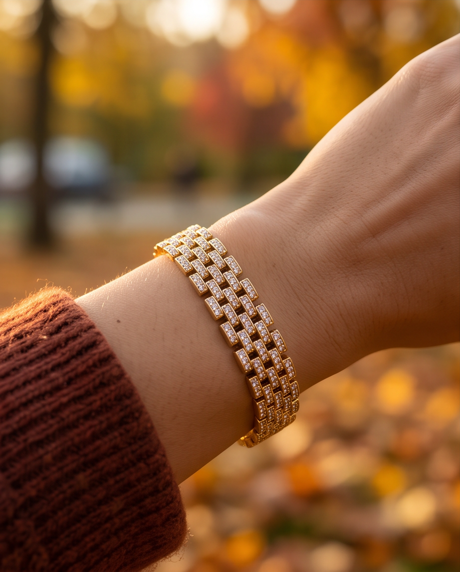 Gold Plated Panther Link Zirconia Bracelet Rhodium Adjust