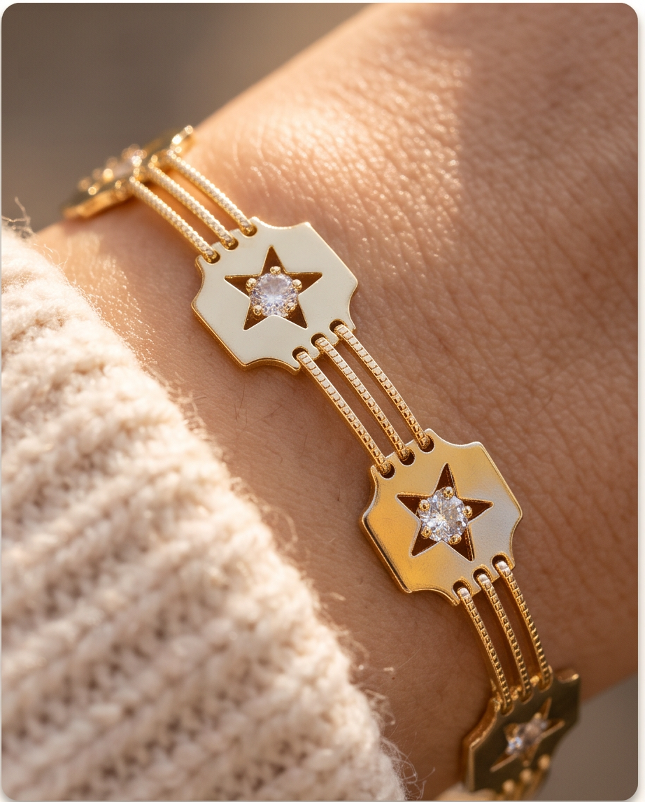 Gold Plated Star Zirconia Bracelet Rhodium Adjustable Fit