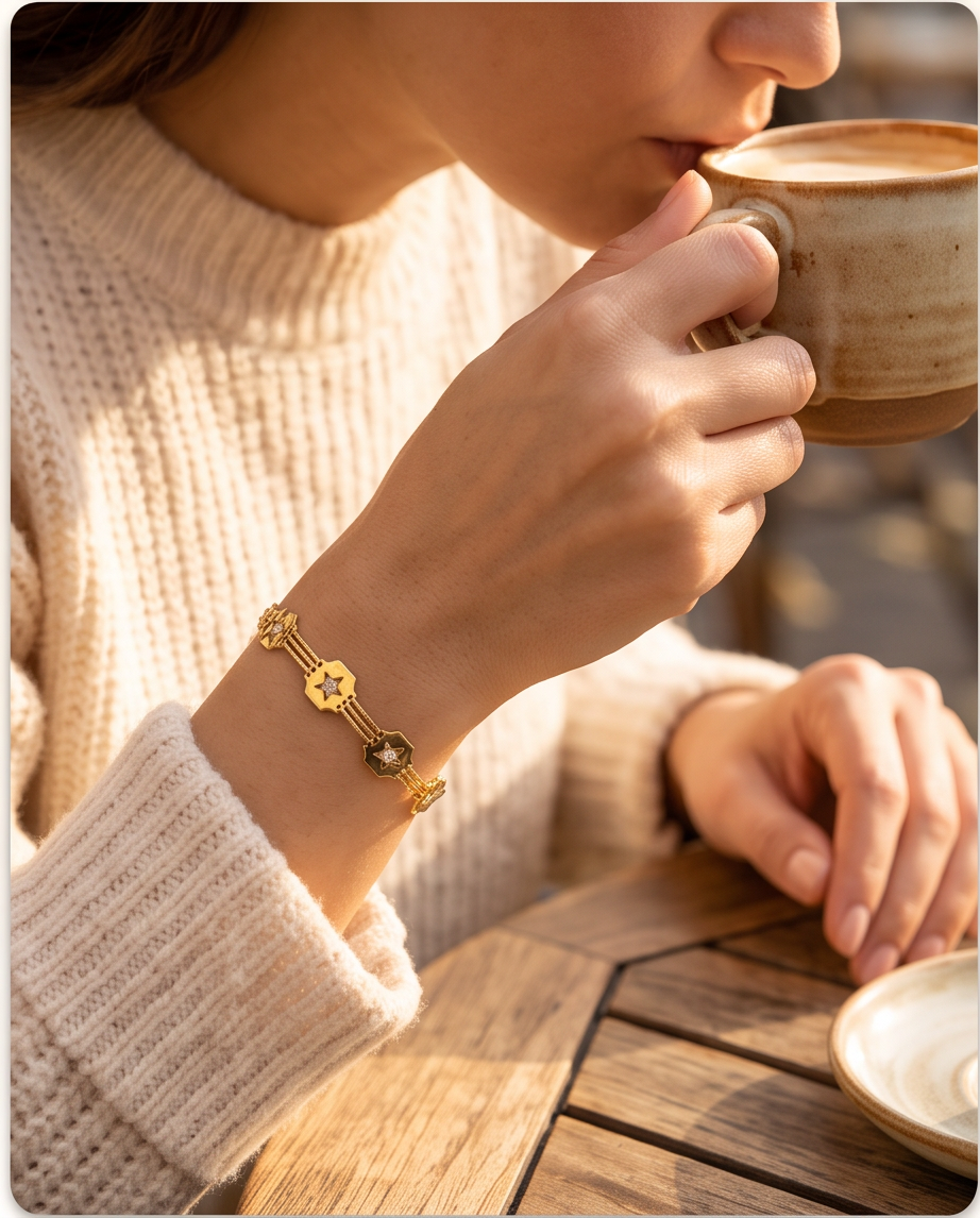 Gold Plated Star Zirconia Bracelet Rhodium Adjustable Fit