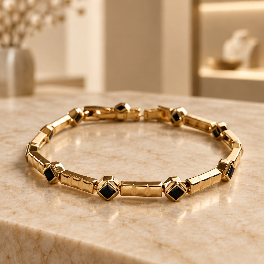 Gold-Plated Bracelet with Black Details Rhodium Adjustable