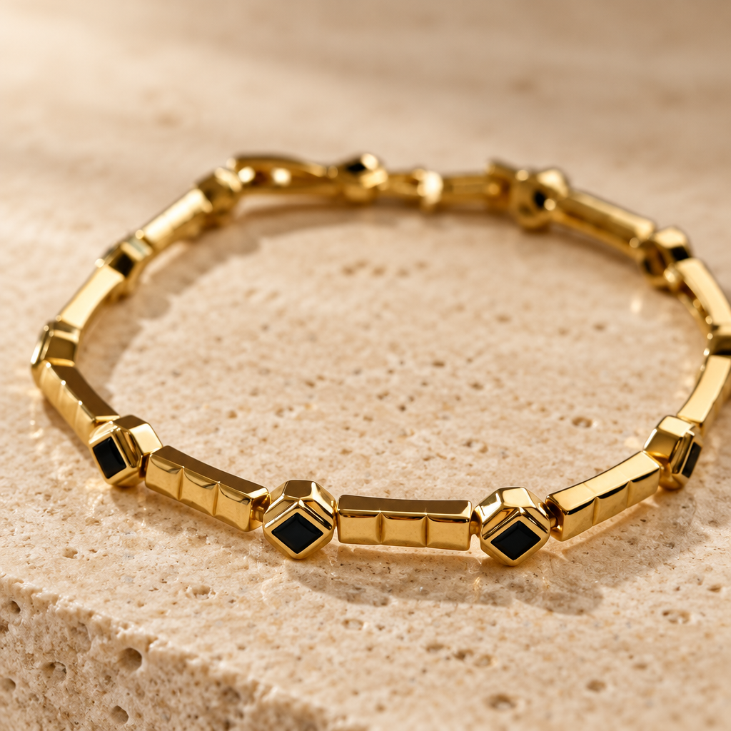 Gold-Plated Bracelet with Black Details Rhodium Adjustable