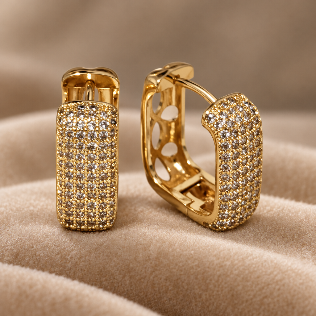 Gold Square Huggie Earrings, Pave CZ Small Hoop Earrings