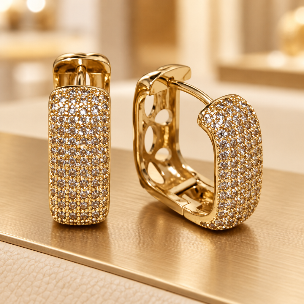 Gold Square Huggie Earrings, Pave CZ Small Hoop Earrings
