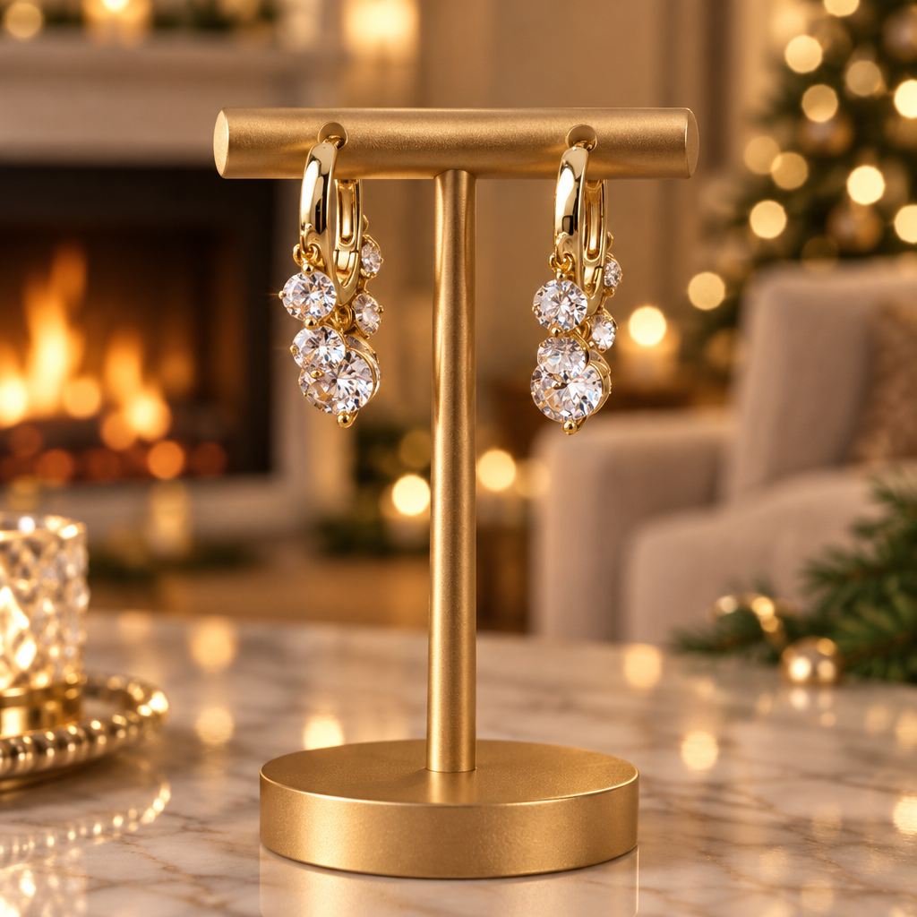 Gold Cluster Drop Huggie Earrings | CZ Dainty Hoops