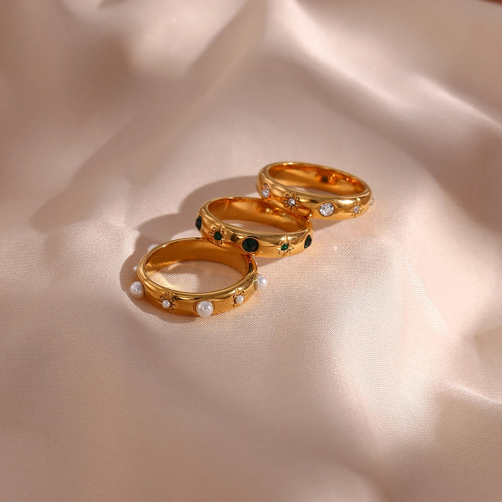 💚 18K Gold-Plated Green Zircon & Pearl Ring – Women’s Jewelry