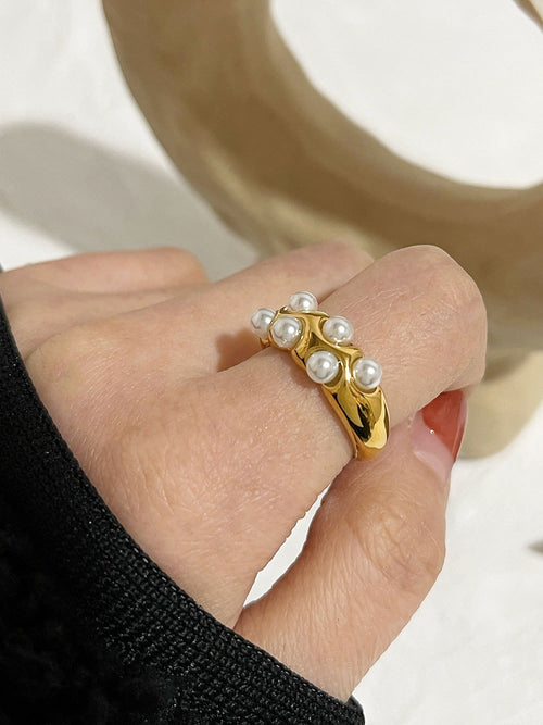 Gold Plated Ring with Multi Faux Pearls Stainless Steel Water Resistant Jewelry Women Party
