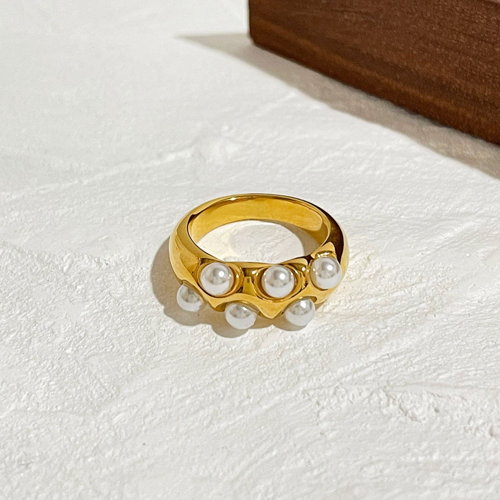 Gold Plated Ring with Multi Faux Pearls Stainless Steel Water Resistant Jewelry Women Party