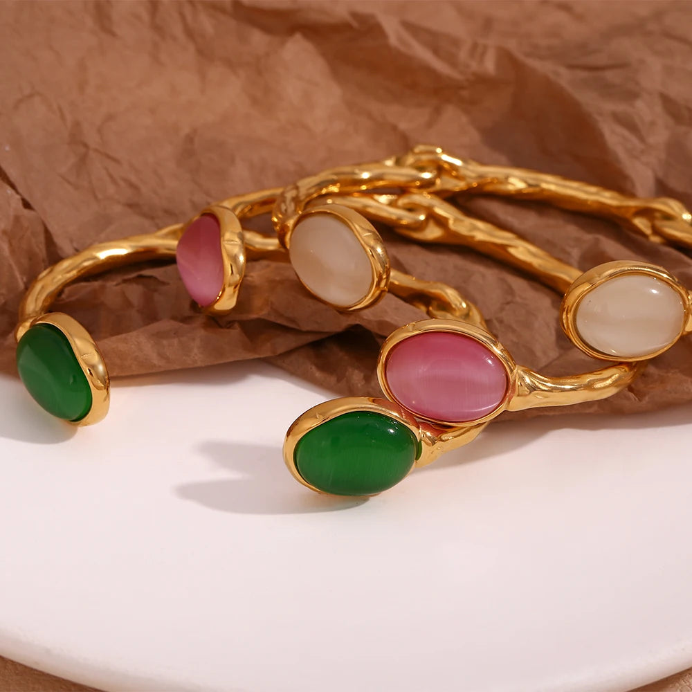 Adjustable Oval Bracelet with Green Agate & Pink Crystal