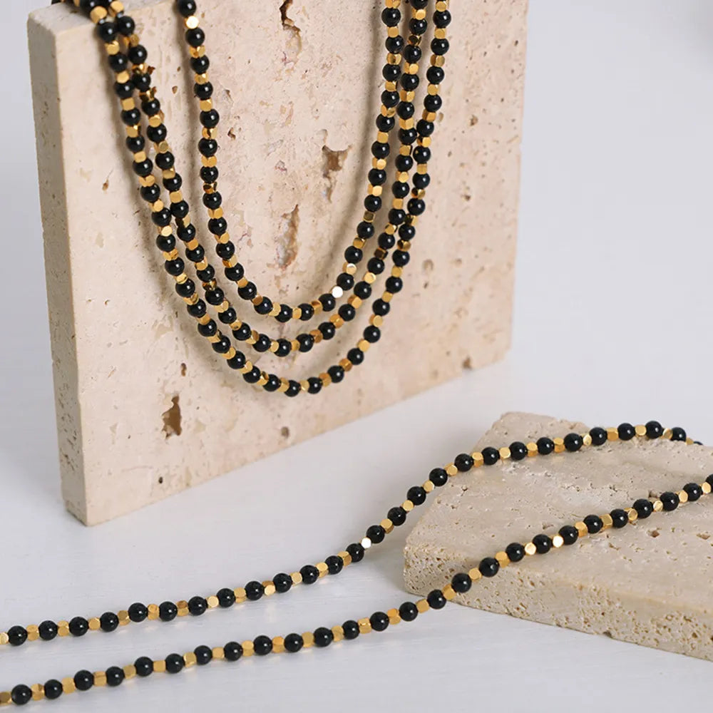 ✨ Square Black Agate Bead Necklace – Titanium Steel Gold-Plated 💎
