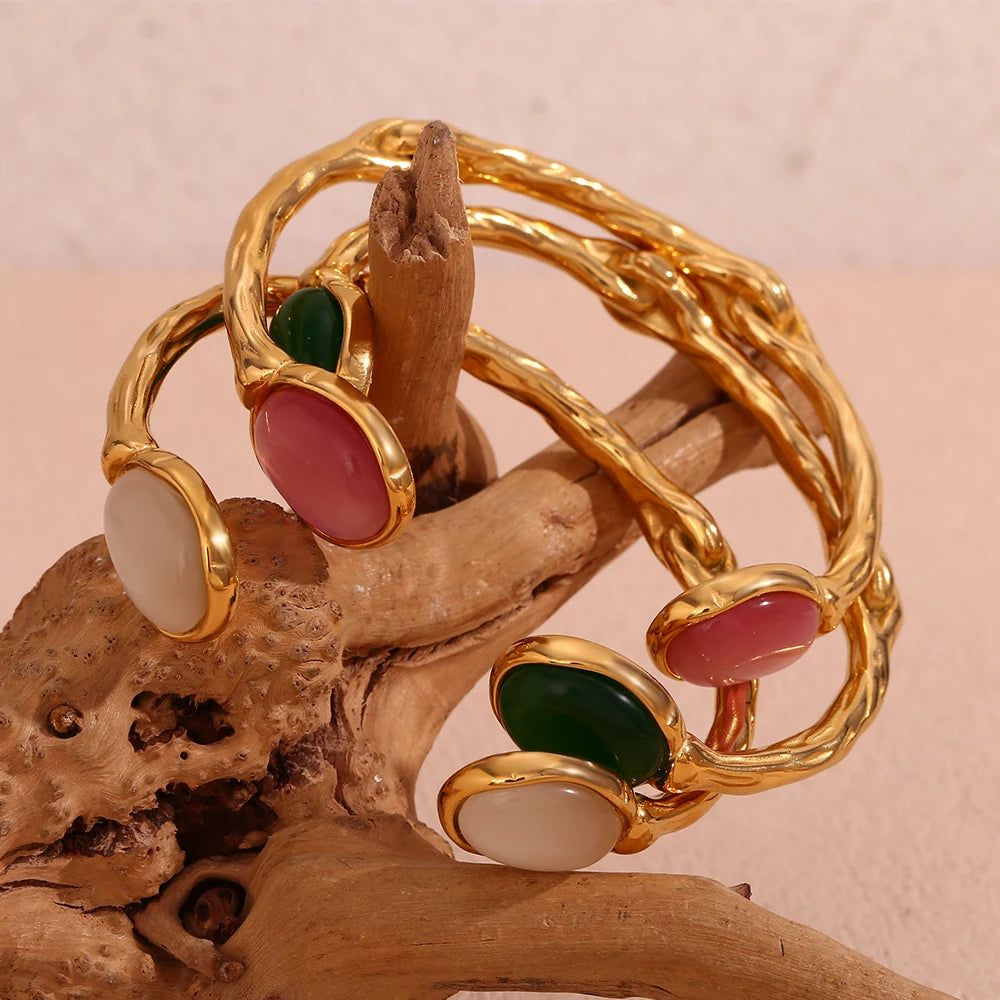 ✨ Adjustable Oval Bracelet – Green Agate & Pink Crystal 💖