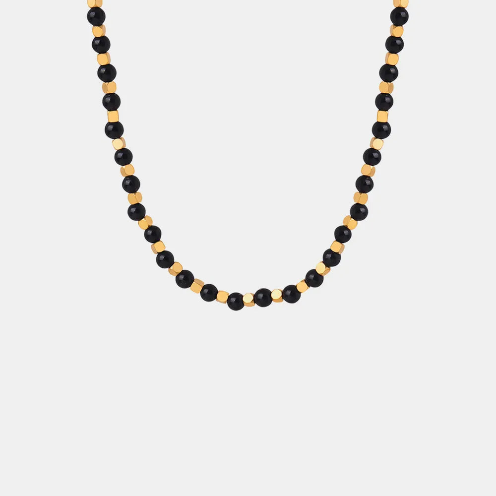✨ Square Black Agate Bead Necklace – Titanium Steel Gold-Plated 💎