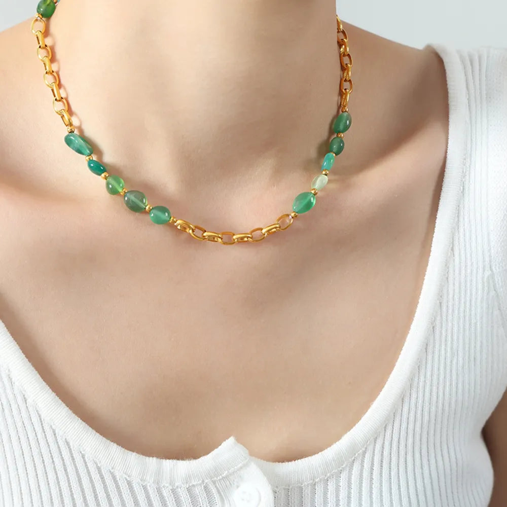 🌟 Gold-Plated Agate Bead Necklace – Women's Jewelry 💎