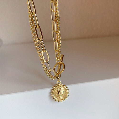 14K Gold-Plated Double Layer Paper Clip & Cuban Chain Necklace