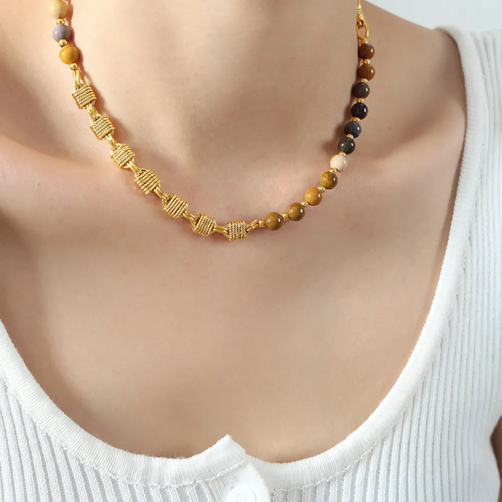 🌟 Gold-Plated Agate Bead Necklace – Women's Jewelry 💎