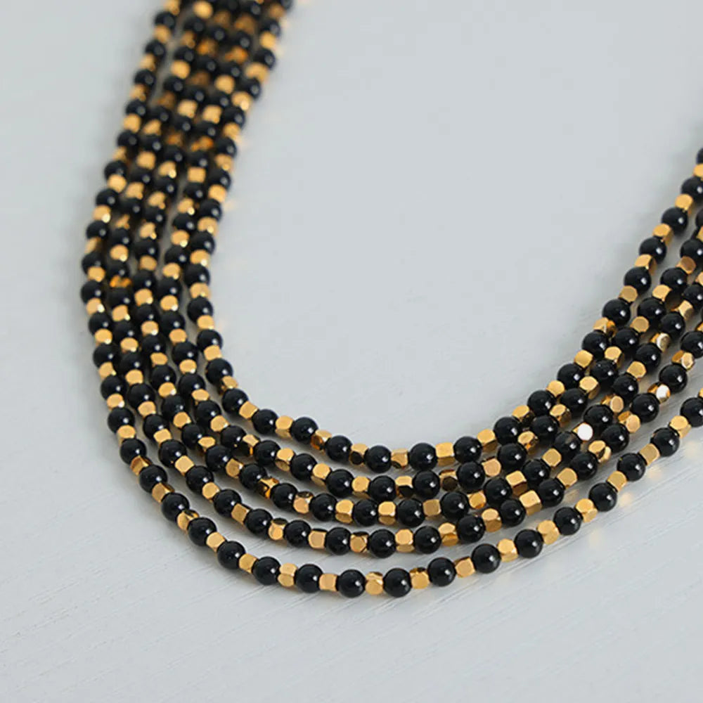 ✨ Square Black Agate Bead Necklace – Titanium Steel Gold-Plated 💎