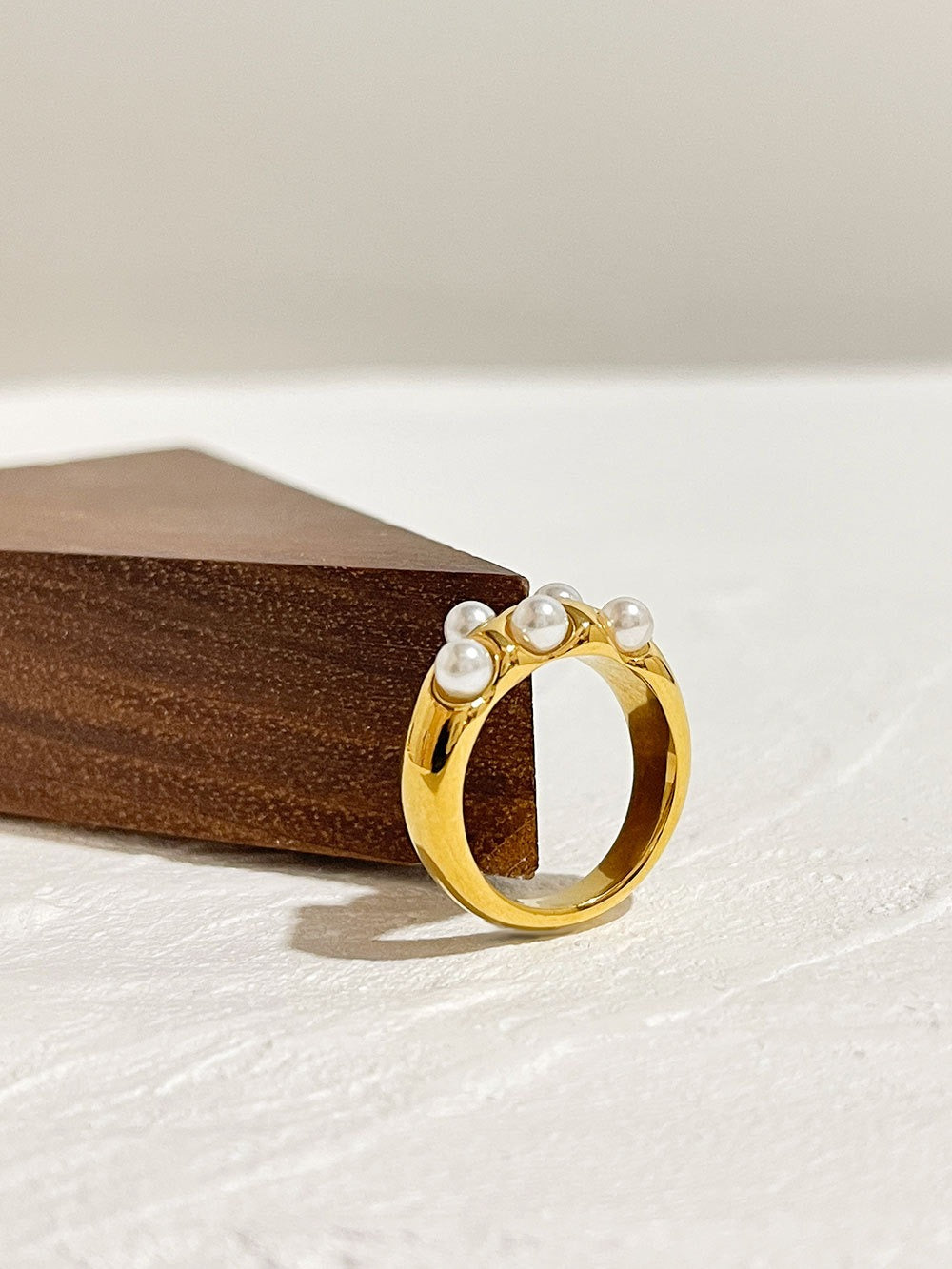 Gold Plated Ring with Multi Faux Pearls Stainless Steel Water Resistant Jewelry Women Party