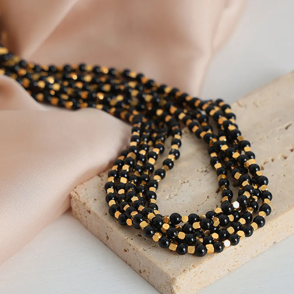 ✨ Square Black Agate Bead Necklace – Titanium Steel Gold-Plated 💎