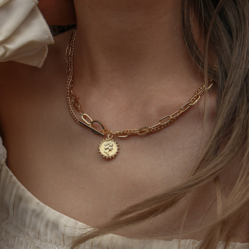 14K Gold-Plated Double Layer Paper Clip & Cuban Chain Necklace
