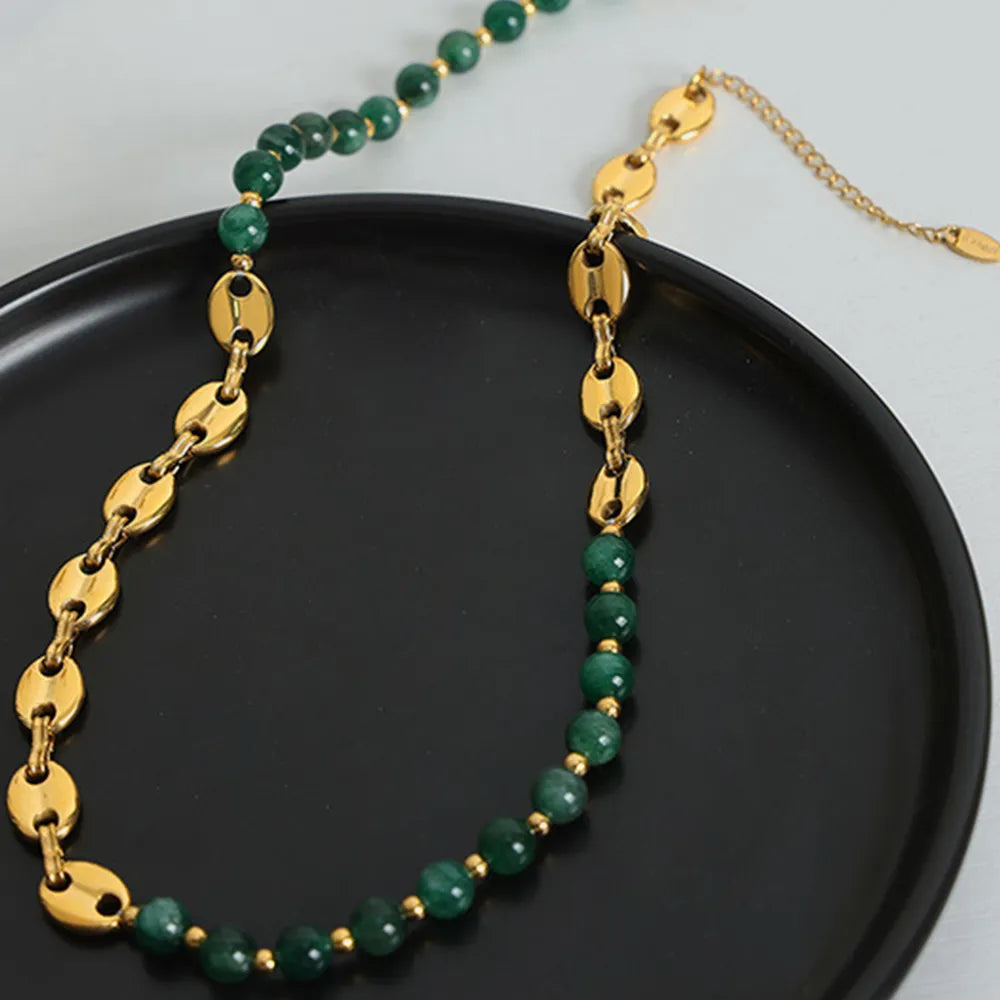 🌟 Gold-Plated Agate Bead Necklace – Women's Jewelry 💎