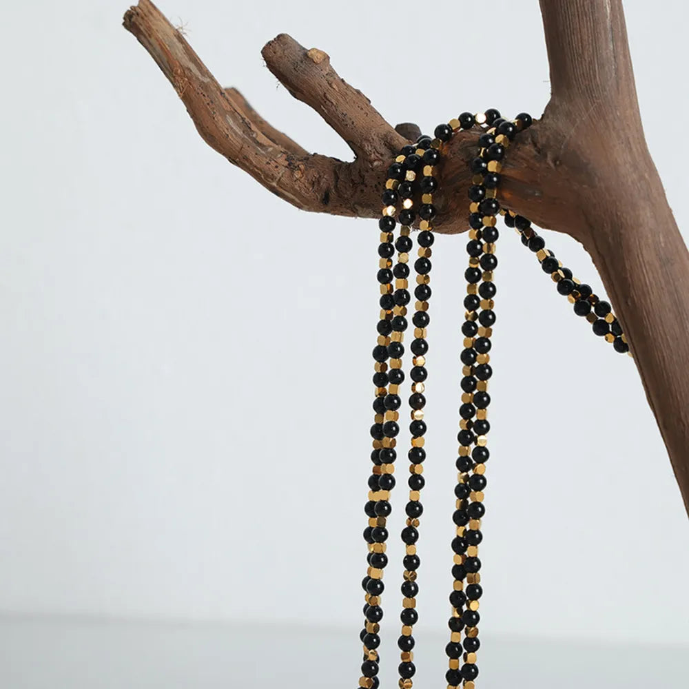 ✨ Square Black Agate Bead Necklace – Titanium Steel Gold-Plated 💎