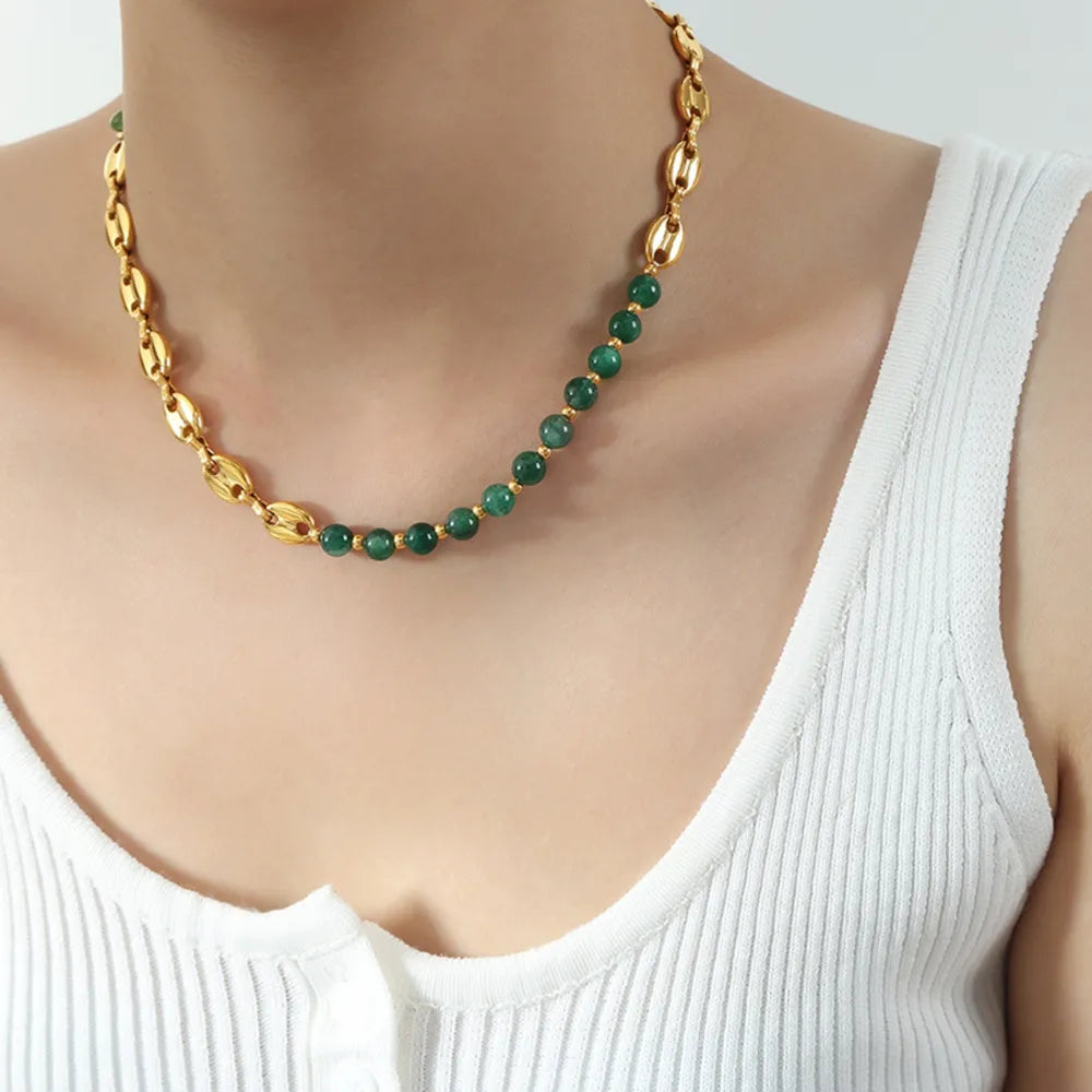 🌟 Gold-Plated Agate Bead Necklace – Women's Jewelry 💎