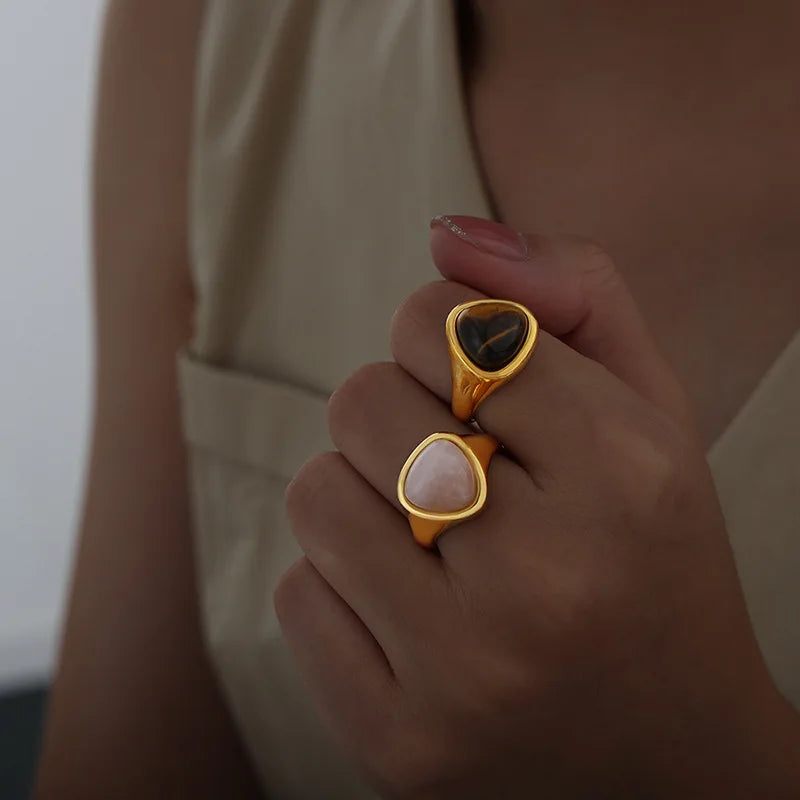 ✨ Golden Steel Ring – Tiger's Eye & Pink Crystal 💖