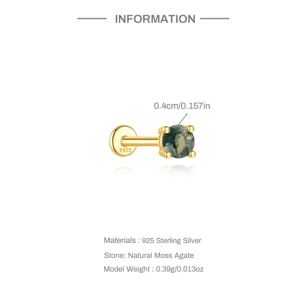 ✨ Moss Agate Stud Earrings – 925 Sterling Silver, Dainty 💎