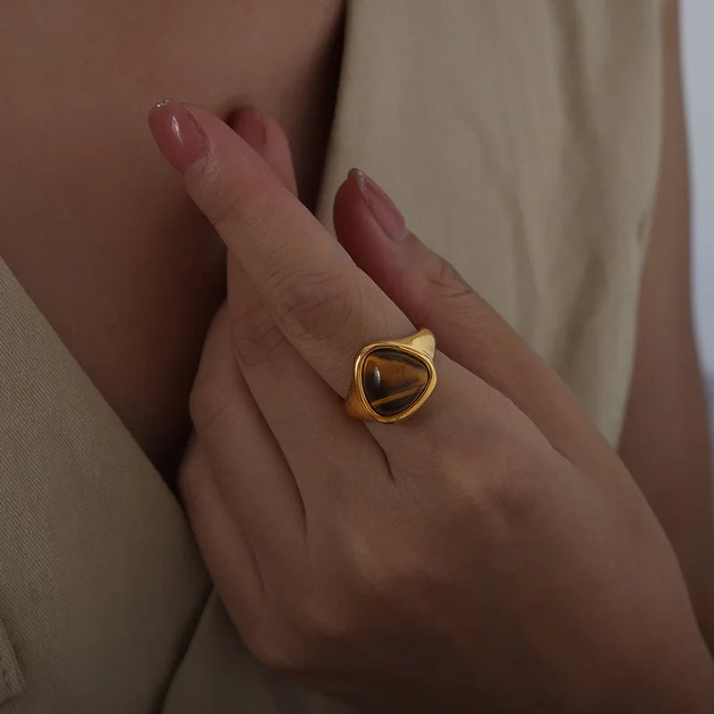 ✨ Golden Steel Ring – Tiger's Eye & Pink Crystal 💖