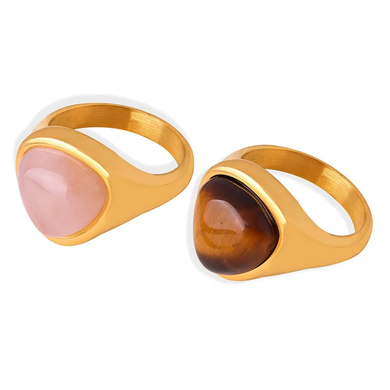 ✨ Golden Steel Ring – Tiger's Eye & Pink Crystal 💖