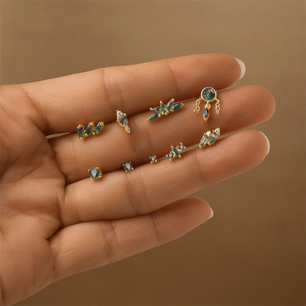 ✨ Moss Agate Stud Earrings – 925 Sterling Silver, Dainty 💎