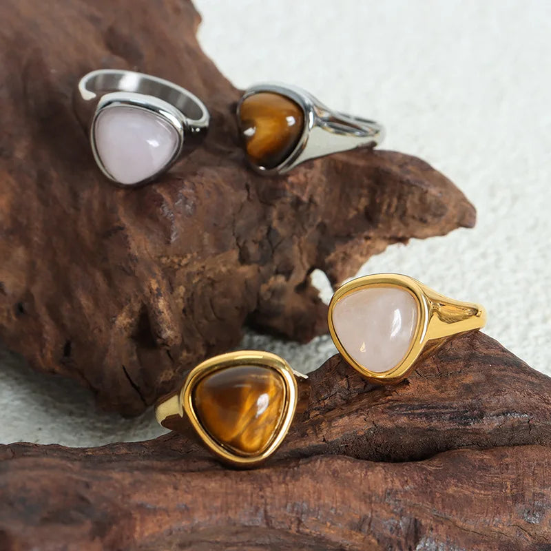 ✨ Golden Steel Ring – Tiger's Eye & Pink Crystal 💖