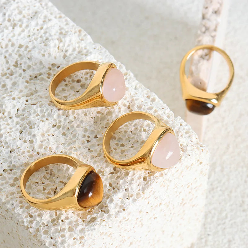 ✨ Golden Steel Ring – Tiger's Eye & Pink Crystal 💖