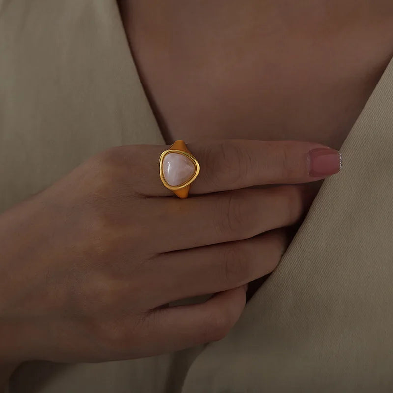 ✨ Golden Steel Ring – Tiger's Eye & Pink Crystal 💖