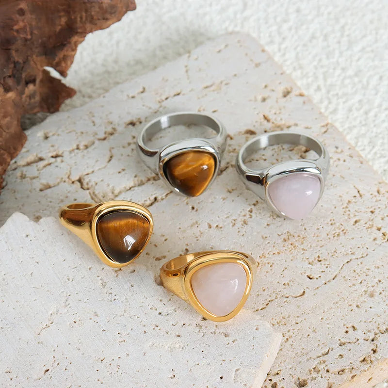 ✨ Golden Steel Ring – Tiger's Eye & Pink Crystal 💖