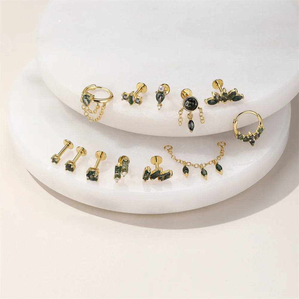 ✨ Moss Agate Stud Earrings – 925 Sterling Silver, Dainty 💎