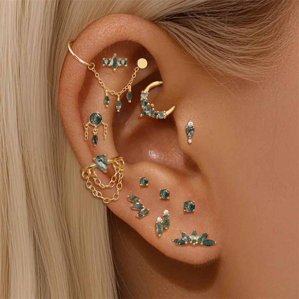 ✨ Moss Agate Stud Earrings – 925 Sterling Silver, Dainty 💎