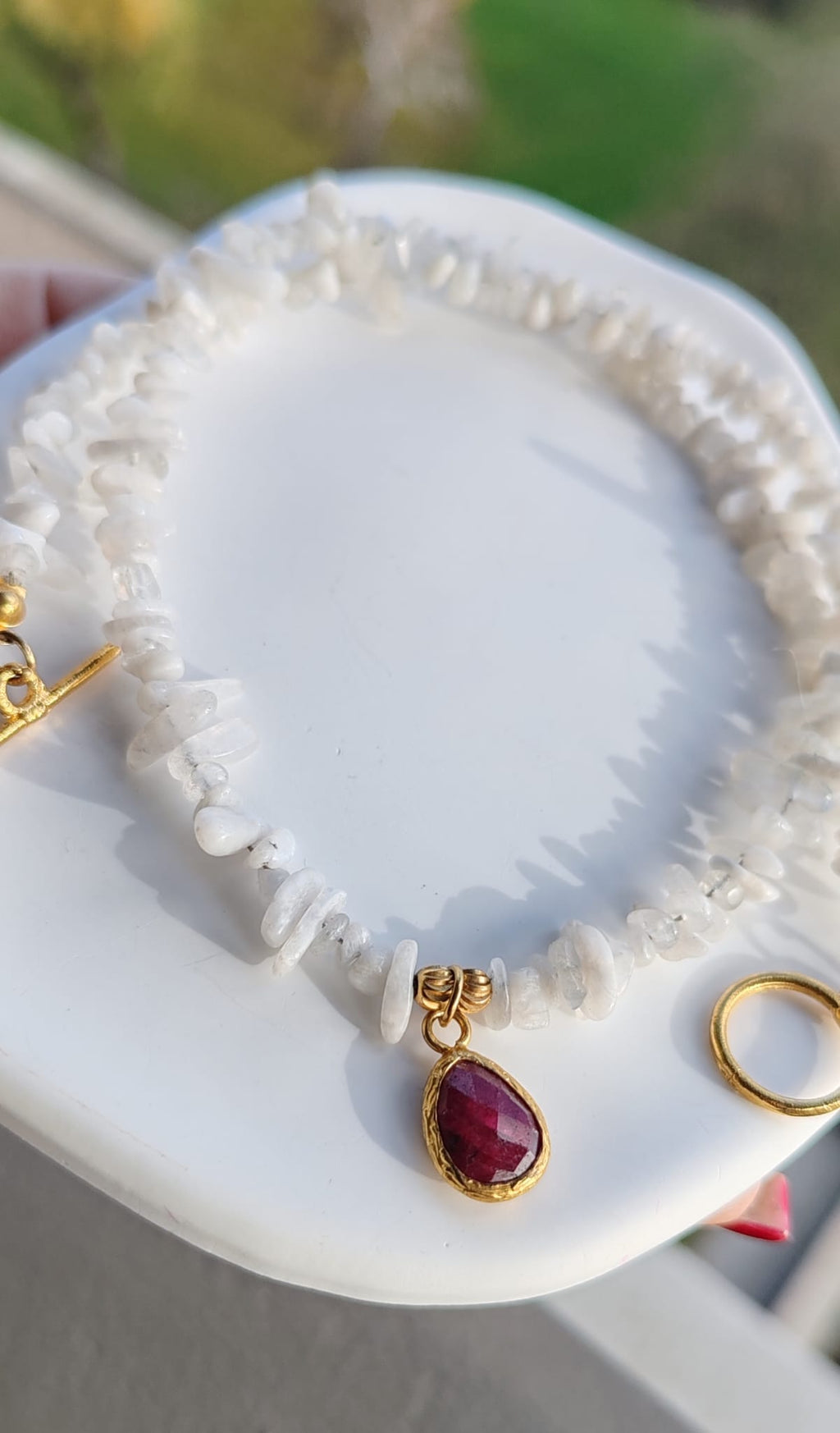 Moonstone & Raspberry Ruby Choker Necklace 18K Gold Plated
