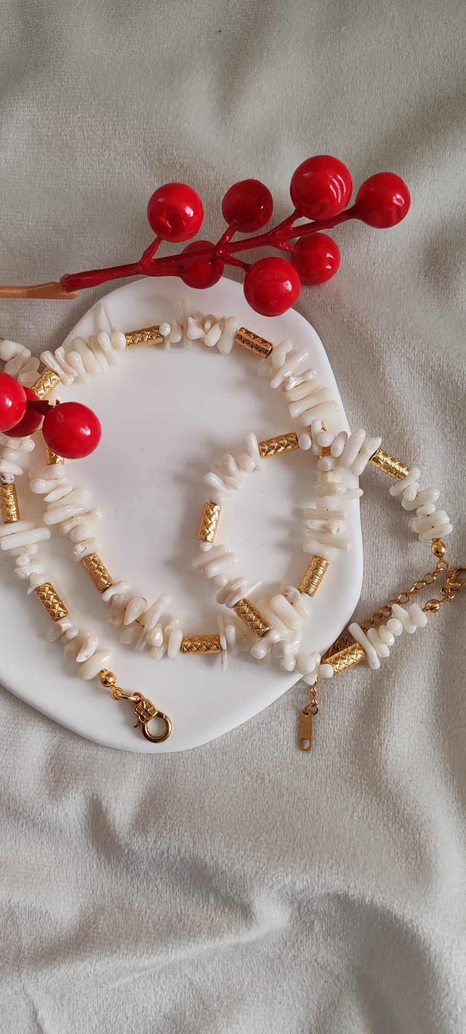 White Coral Choker & Bracelet Set  18k Gold Plated