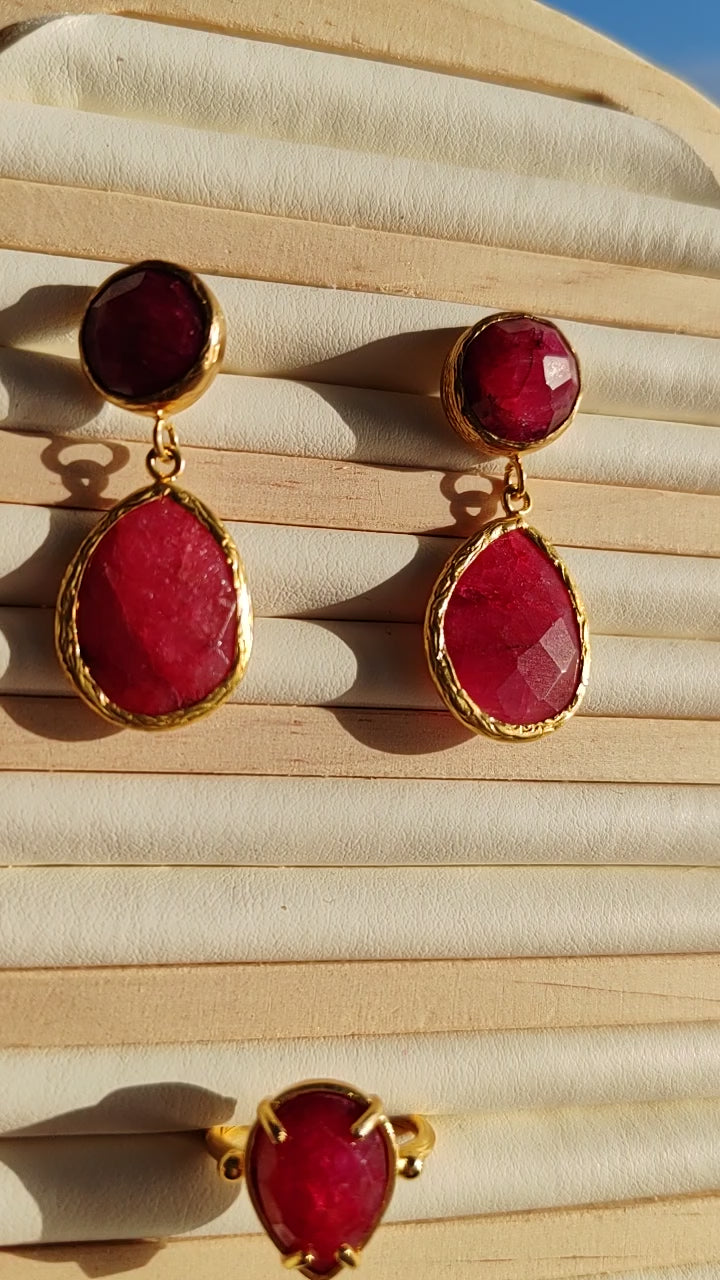 Raw Ruby & Gold Teardrop Set Earrings & Ring