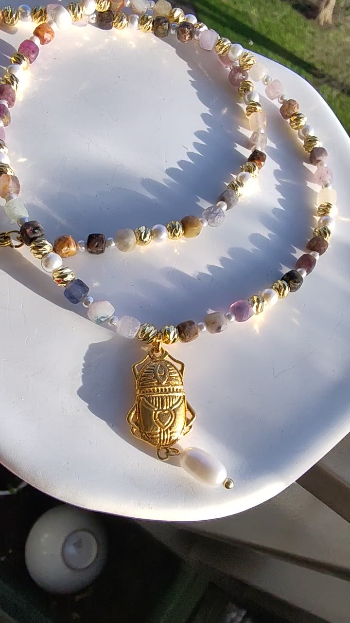 Pearl & Amethyst Scarab Necklace  18k Gold Plated