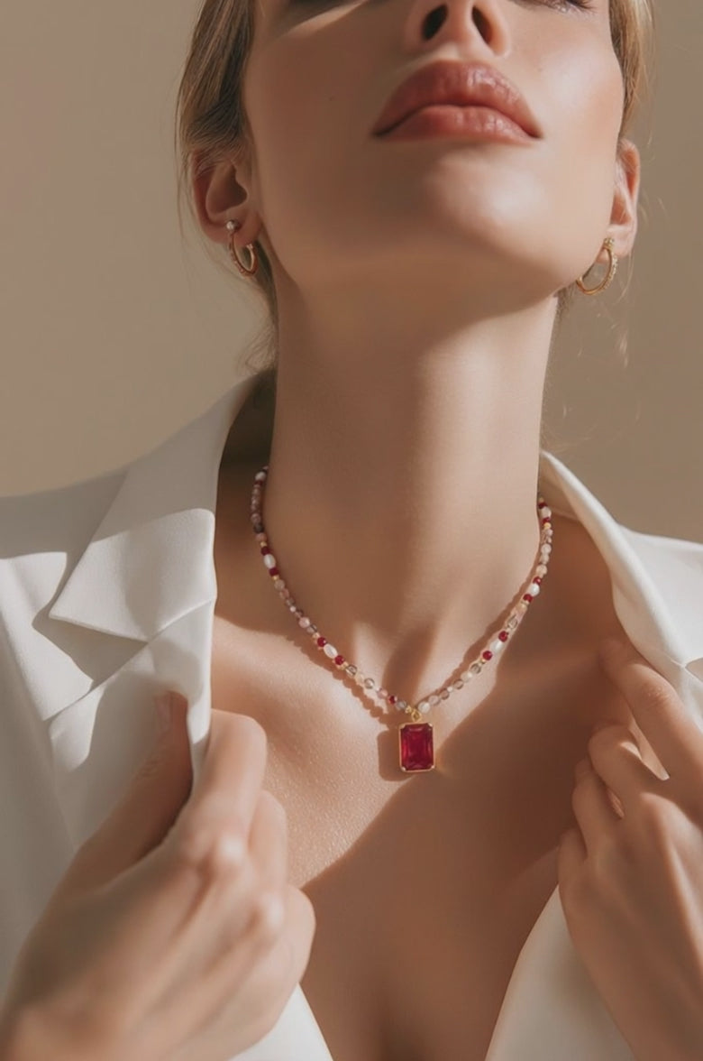 Cherry Quartz Necklace with Pearls & Zirconia, Gold Plated
