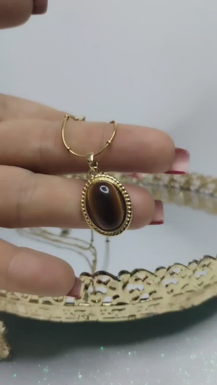 ✨ 14K Gold-Plated Tiger Eye Necklace – 45cm Adjustable Chain ✨