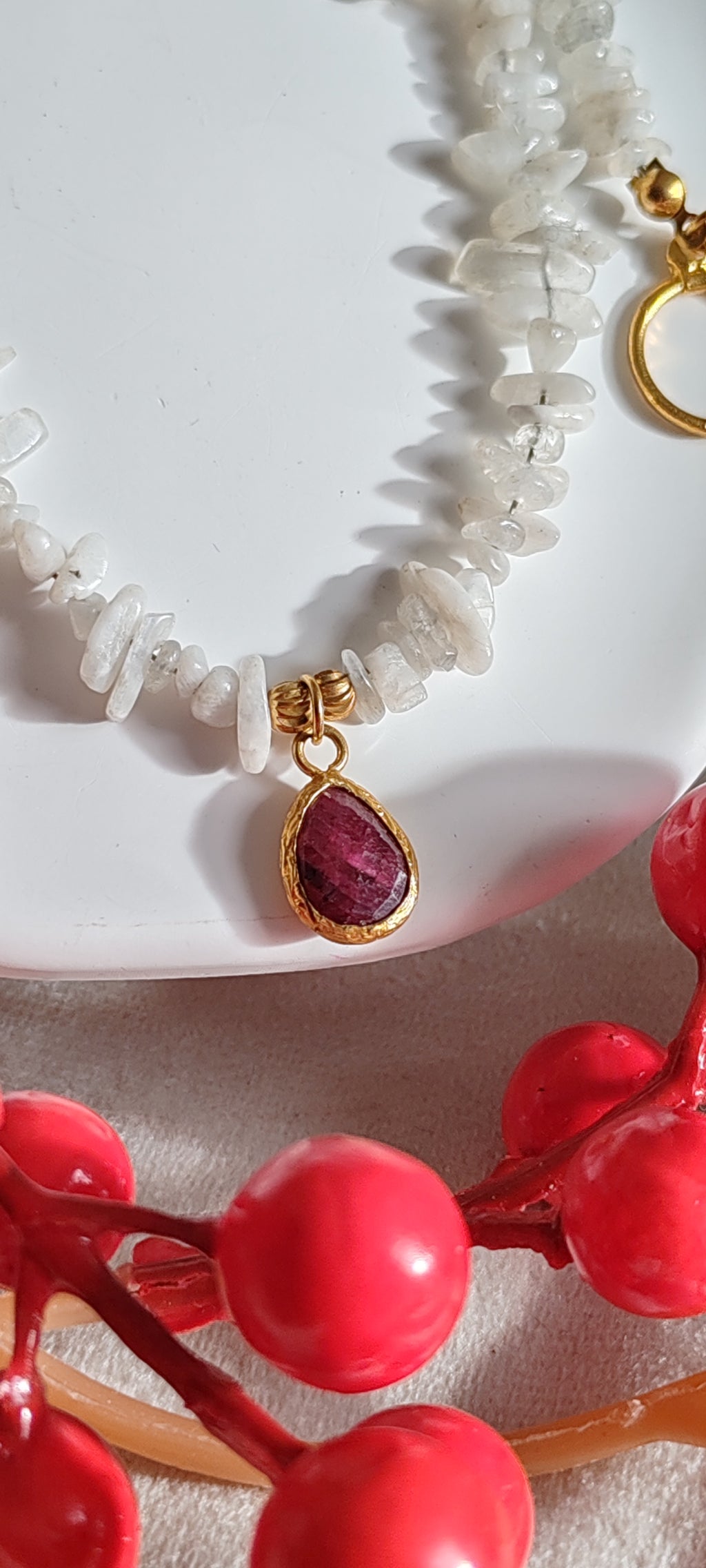Moonstone & Raspberry Ruby Choker Necklace 18K Gold Plated