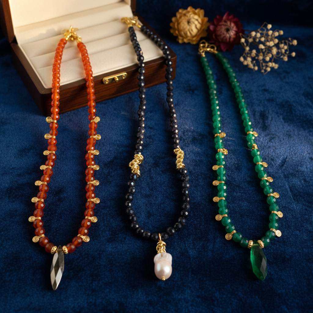 Green Agate Necklace with Hematite Pendant - Gold Plated