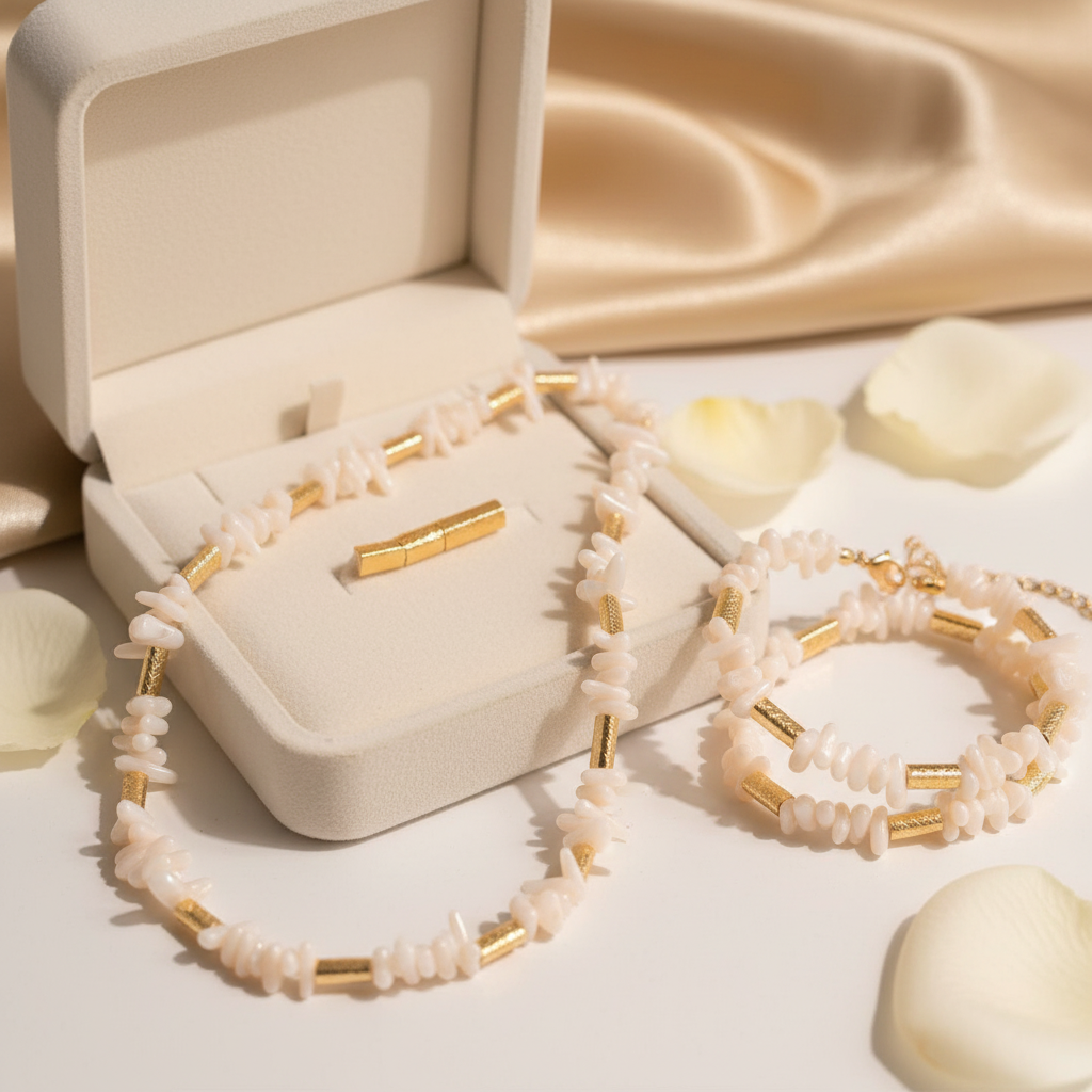 White Coral Choker & Bracelet Set  18k Gold Plated